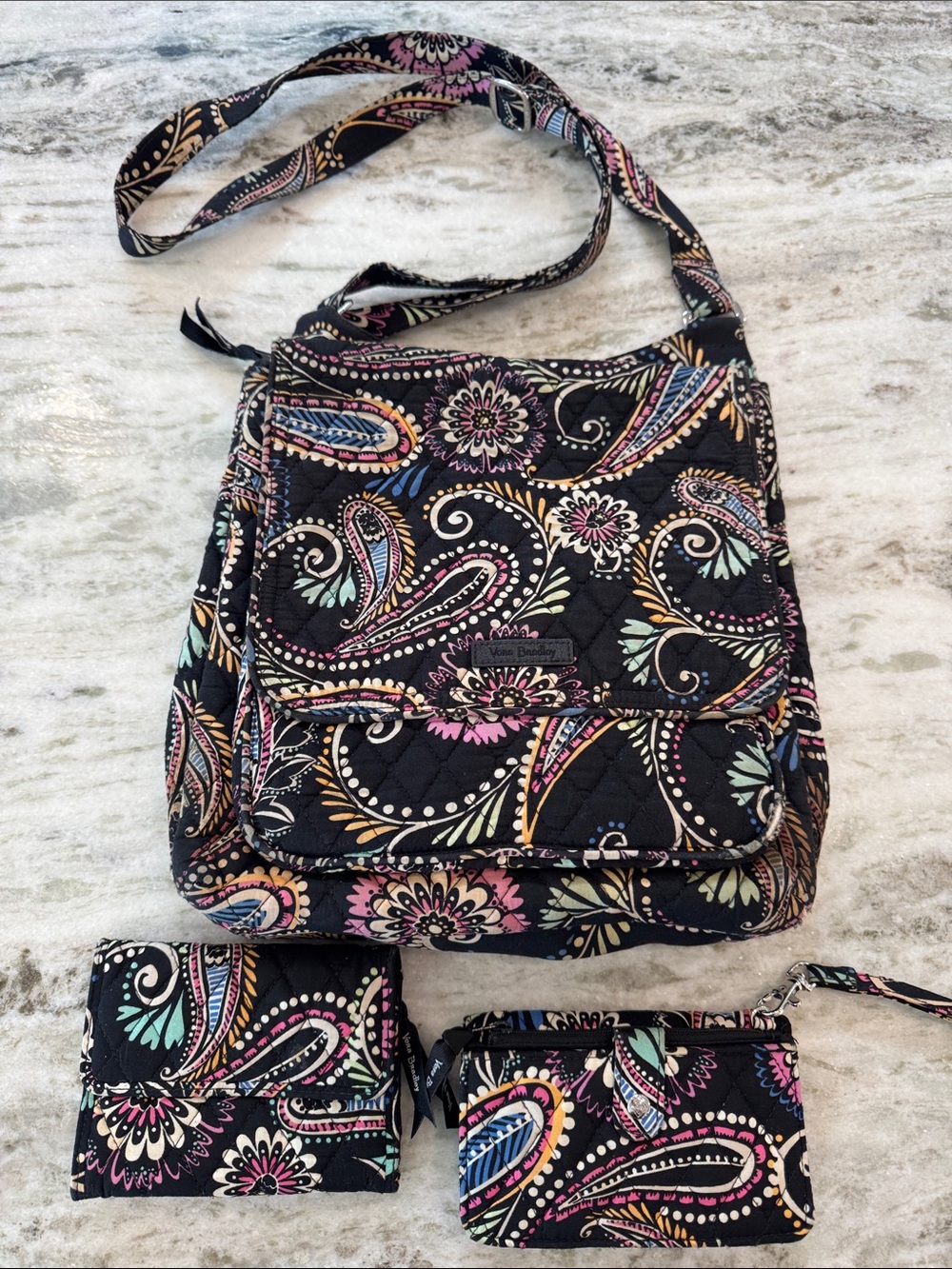 Vera Bradley 3 Piece Set Bandana Swirl Quilted Cotton Crossbody Wallet Wristlet